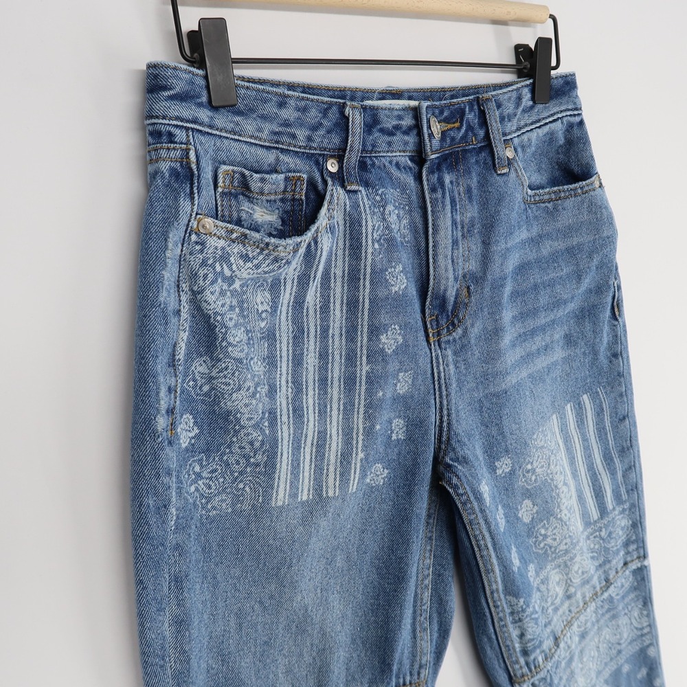 Cleo + Wolf Jeans Womens 26x30 Blue Paisley Print High Rise Straight Distressed - Picture 2 of 11